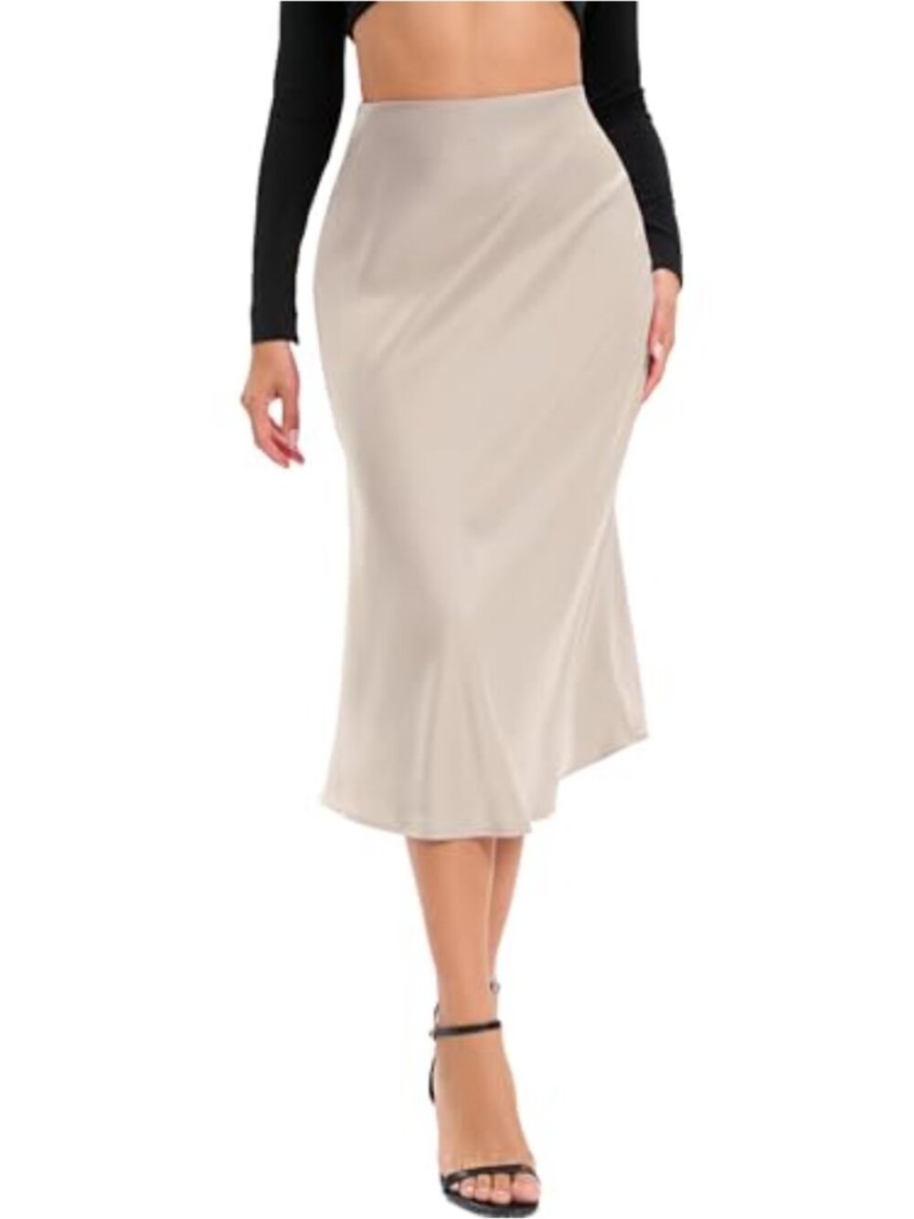 Flowy Satin A-Line Midi Skirt High Waisted Ruffle Zipper